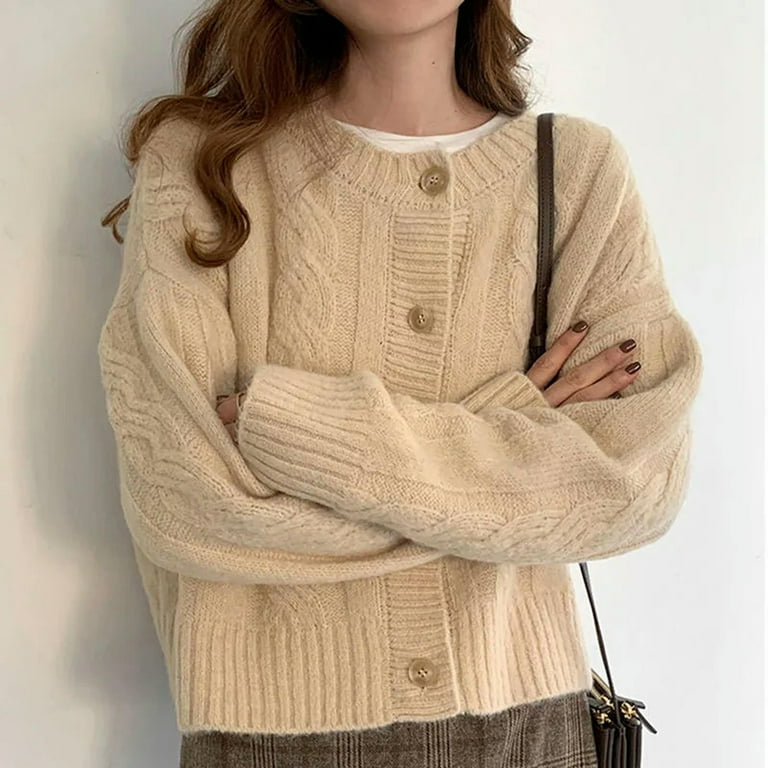 Women Sweaters Korean Fashion Casual Autumn Winter Thick O Neck Long Sleeve Cardigan Solid Knitted Tops Loose Outerwear Femme Khaki L Walmart