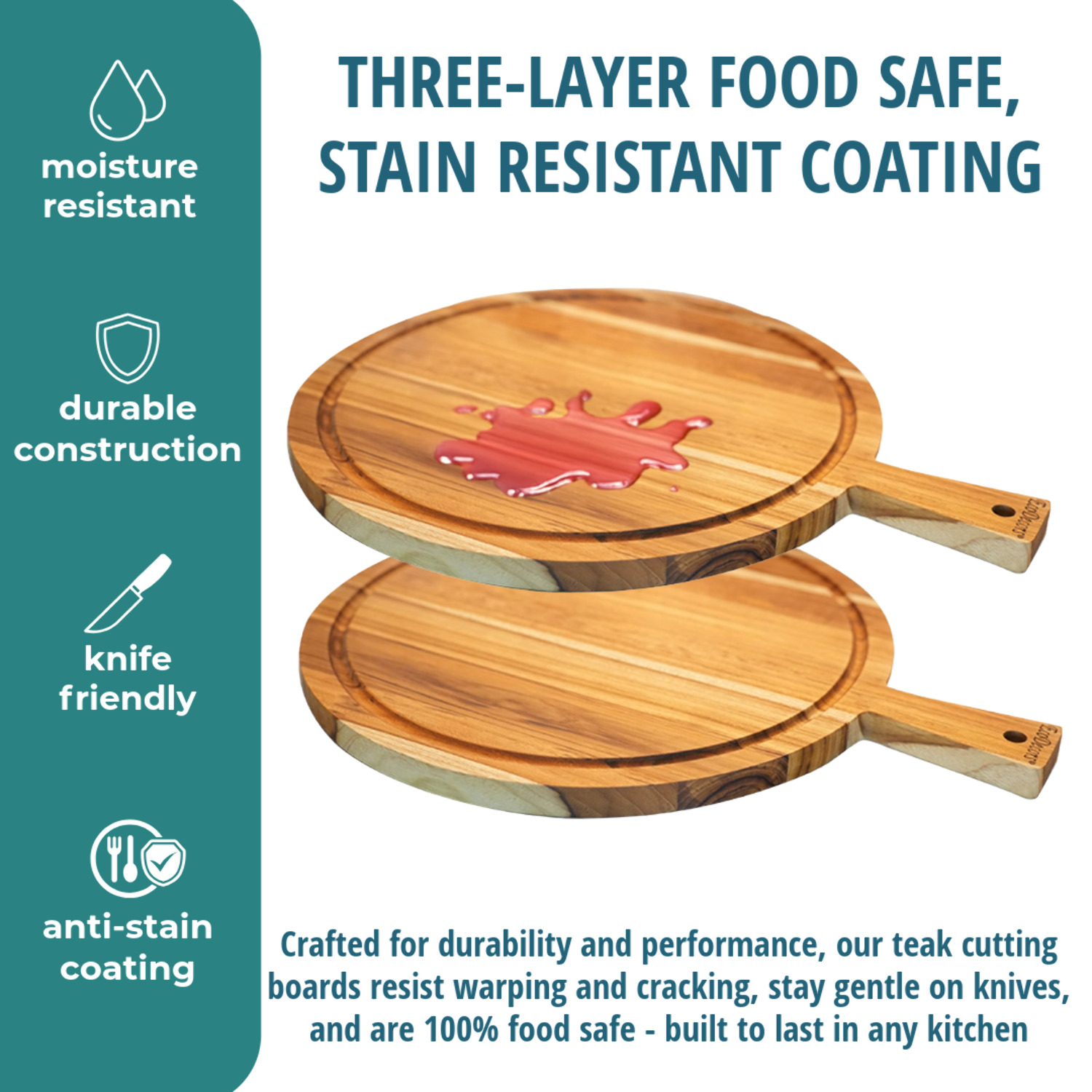 EcoDecors 18" x 14" Round FSC Teak Cutting Board with Handle  Juice Groove