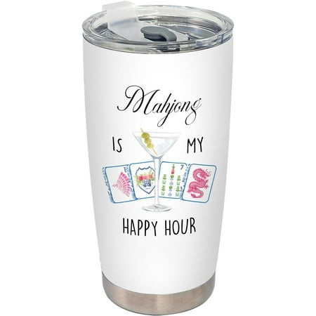 Swaybox Martini Chinoiserie Mahjong Tumbler, Mah Jong Lover Player Gifts Stainless Steel Tumbler with Lid and Straw 20oz, Mahjong Is My Happy Hour Travel Coffee Cup, White