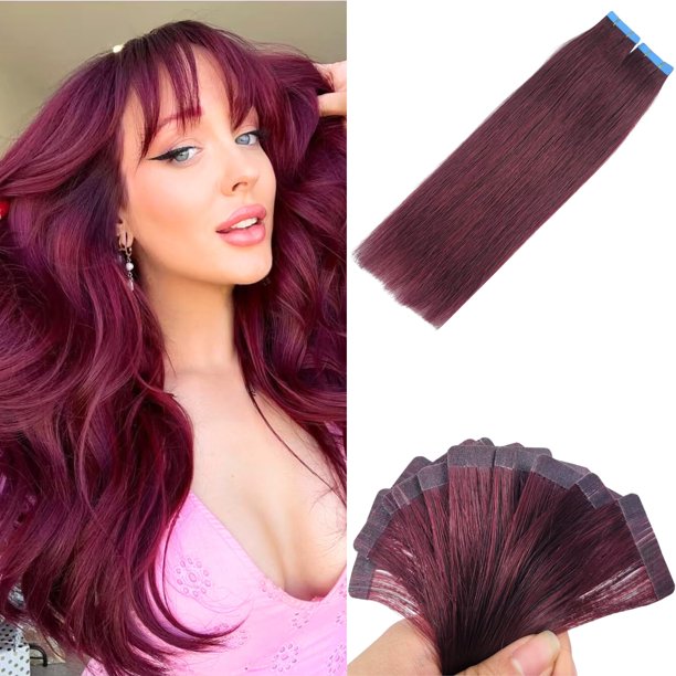 Extensiones de cabello humano Carleaty Burgundy con cinta adhesiva, 35 cm