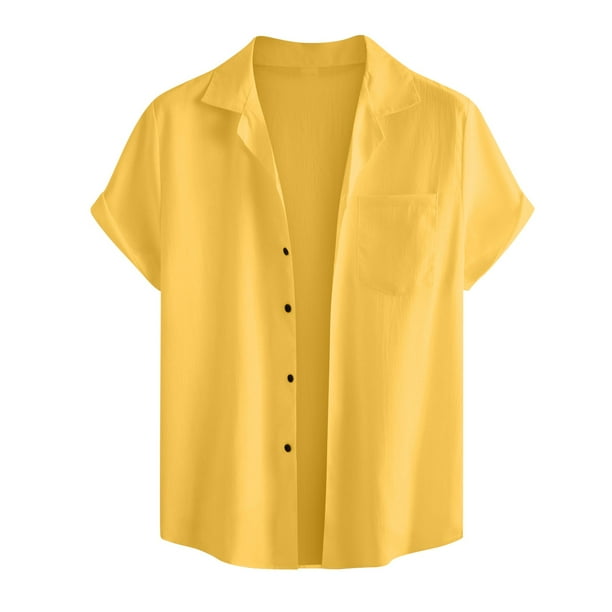 nsendm Mens Shirt Adult Male Shirt Baggy Shirts Summer Men s Short Sleeve Cardigan Shirt Beach Casual Shirt Mens A Shirt Yellow 2XL Walmart