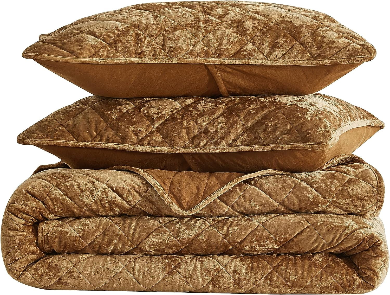 Chezmoi Collection Lux Caramel Gold Velvet Quilt Oversized King Set, 3-Piece Lush Plush Distressed Velvet Bedding All Season Lightweight Bedspread Brushed Microfiber Reverse with Diamond Stitch