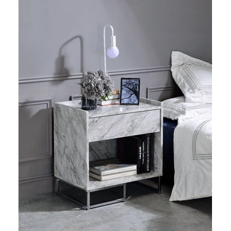 Azrael White Printed Faux Marble & Chrome Finish Accent Table for Modern Homes