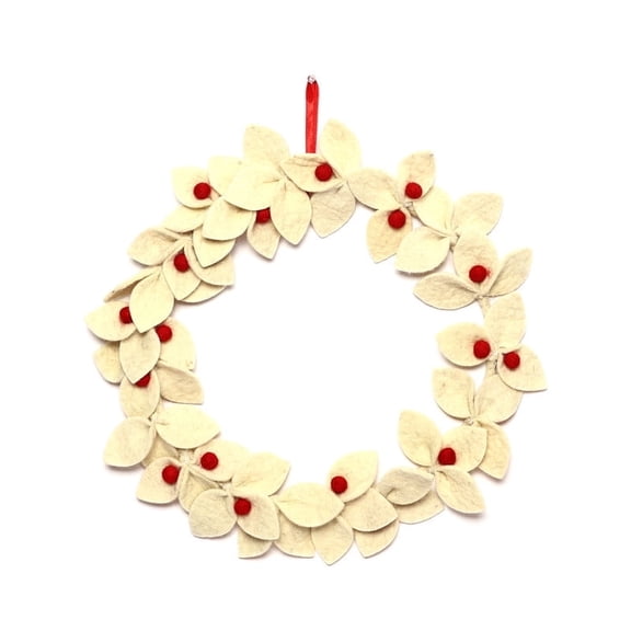 Natriel Handmade White Felt Flower Wreath, Christmas Holiday Decor, 13.38 x 13.38 Inches, Red Accent Centers, Hanging Design