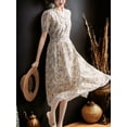 thumbnail image 2 of Lace-up Marigold Print V-neck Puff Short Sleeves Dress, Beige, Medium, 2 of 5