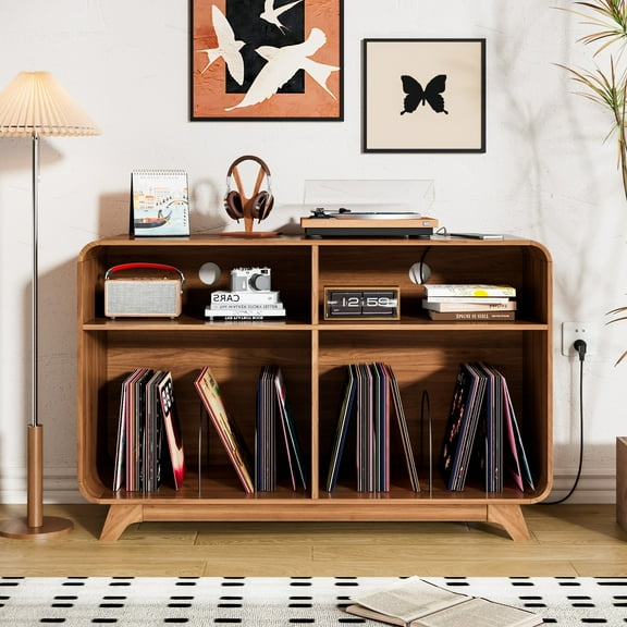 Record Player Stand with Charging Station & USB Ports, Record Storage Cabinet, Mid Century Modern Turntable Stand for Bedroom, Walnut