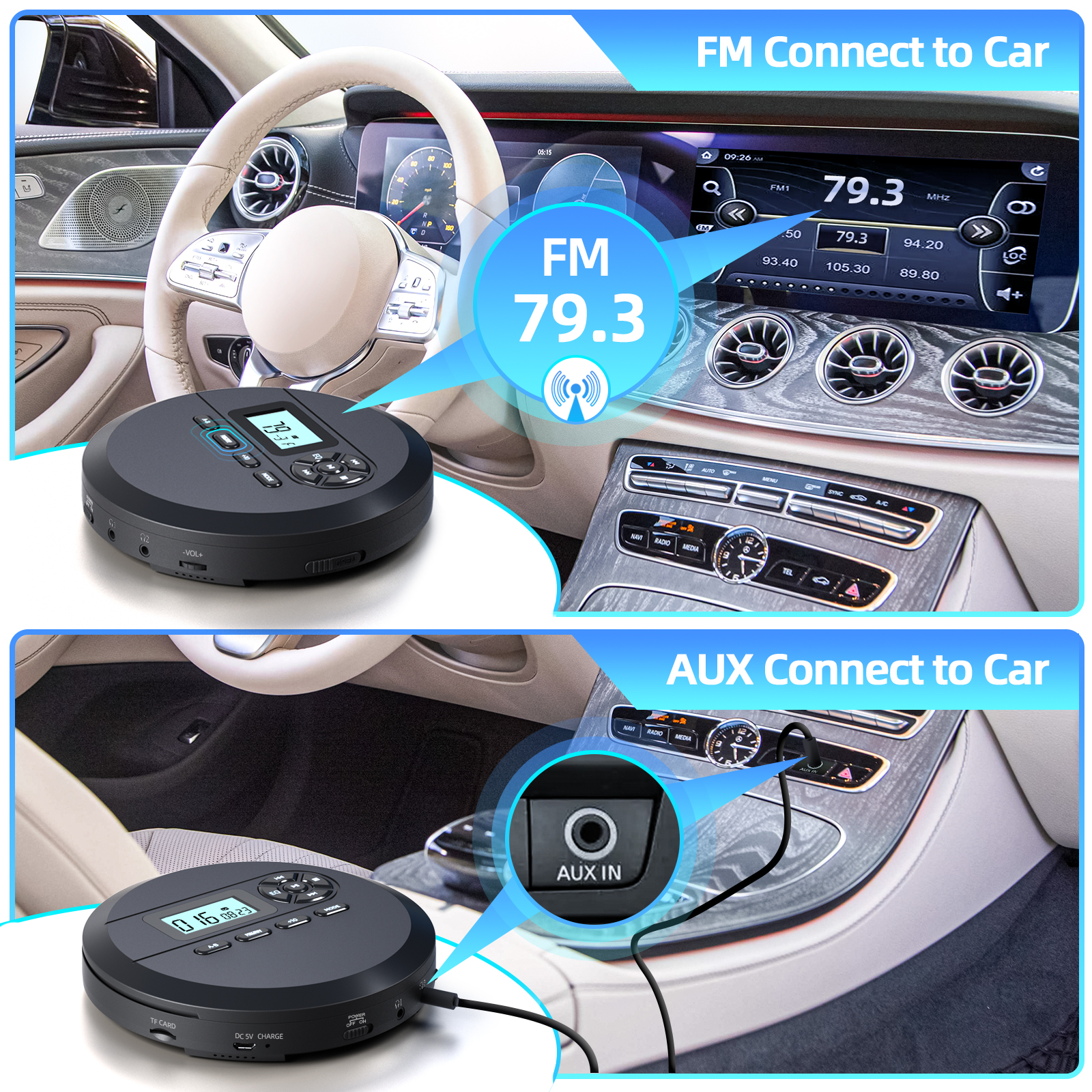 DESOBRY CD Player Portable with Speakers & FM Transmitter, Rechargeable Compact CD Player for Car, Portable CD-Player with LCD Screen, Earphones, AUX Cord