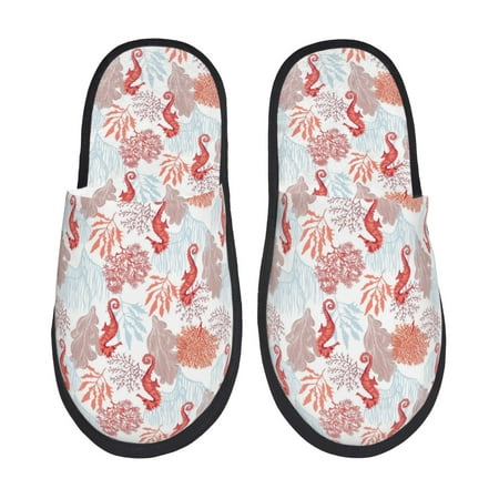 Balery Tropical Corals Seahorse Slient Indoor Furry Fleece Comfort House Shoes Soft Non-Slip Home Shoes Cotton slippers House Slippers-- Large