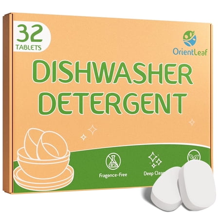OrientLeaf Dishwasher Detergent Tablets, Fragrance-Free & Dye-Free Formula, Automatic Dish Tabs for Powerful Grease Cleaning & Clean Rinse, 32 Tablets
