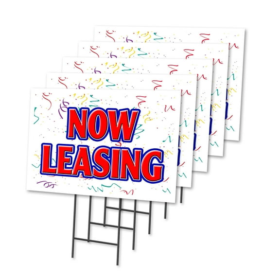 NOW LEASING 5 Pack Of 18" x 24" Yard Sign & Stake | Advertise Your Business | Stake Included Image On Both Sides | Made in The USA