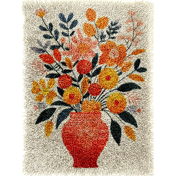 Colorful Flowers in Vase Latch Hook Kits Rug Crochet Yarn Pre-Printed Cushion Embroidery Needlework Carpet Cover DIY Hook and Latch Kit Tapestry Christmas Decor 38x52cm
