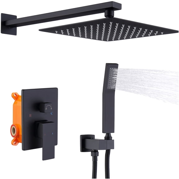 JERFIT Matte Black 10 inch Rainfall Shower System Combo, Wall Mounted Shower Set with Handheld Spray and Pressure Balancing Valve