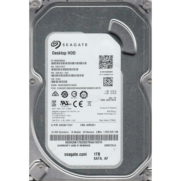ST1000DM003, Z9A, TK, PN 1SB102-542, FW CC62, Seagate 1TB SATA 3.5 Hard Drive