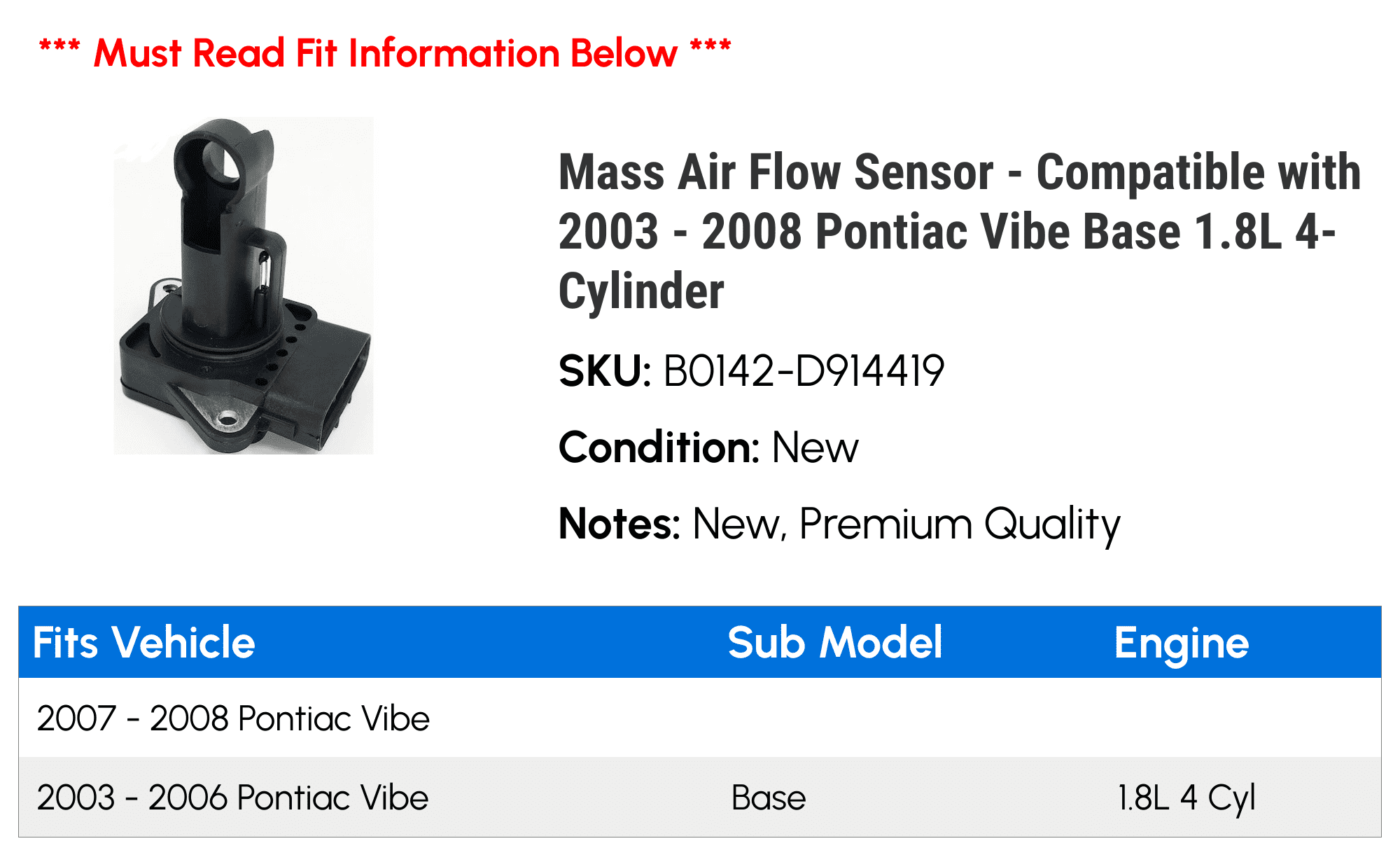 Mass Air Flow Sensor - Compatible with 2003 - 2008 Pontiac Vibe Base 1.8L 4-Cylinder 2004 2005 2006 2007
