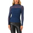 thumbnail image 1 of Camiseta Inspire Chic de malla para mujer, de manga larga sólida, cuello alto, panel transparente con fruncido lateral, talla XS, azul oscuro, 1 of 5