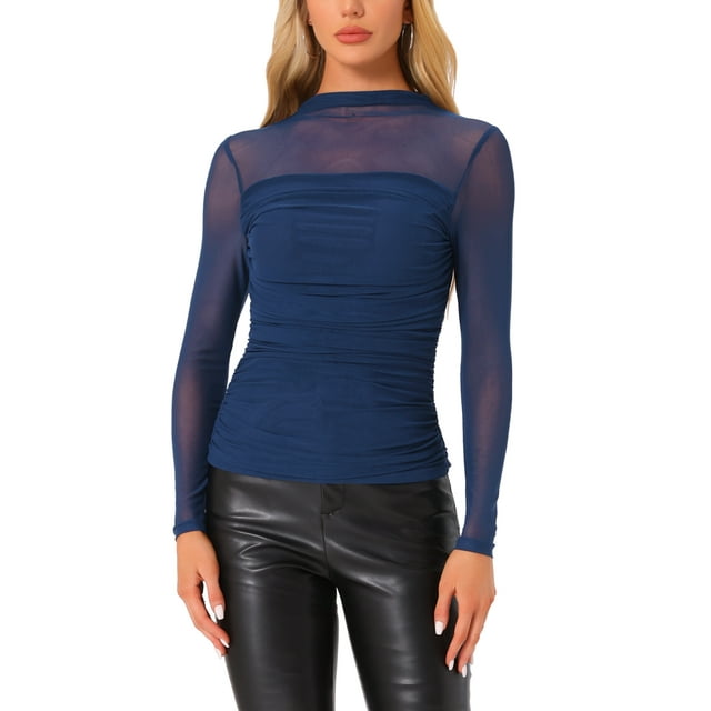 Camiseta Inspire Chic de malla para mujer, de manga larga sólida, cuello alto, panel transparente con fruncido lateral, talla XS, azul oscuro