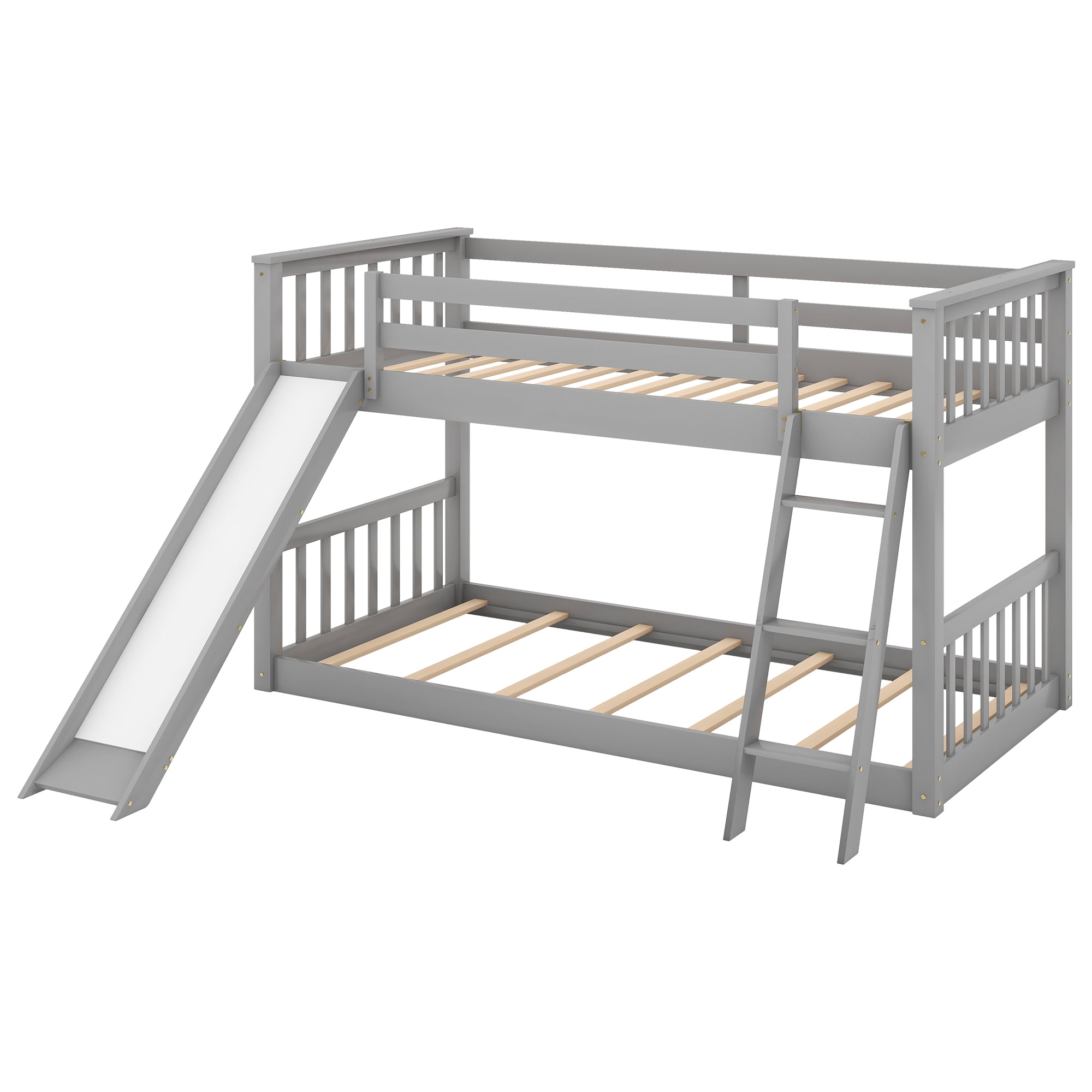 Euroco Twin over Twin Floor Bunk Bed with Slide and Ladder, Interchangeable Ladder and Slide for Kids Teens Adults, Gray