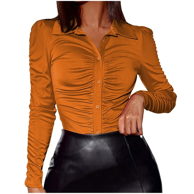 GigrtiJin Women V Neck Ruched Crop Tops Long Sleeves Button down Blouse Spring Fall Solid Color Trendy Shirts