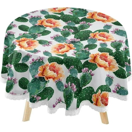 SKYSONIC Cactus Succulent Plants Round Tablecloth 60inch Indoor Wrinkle Free, Floral Summer Tropical Circular Lace Table Cover Washable for Kitchen Party BBQ Dining Decor
