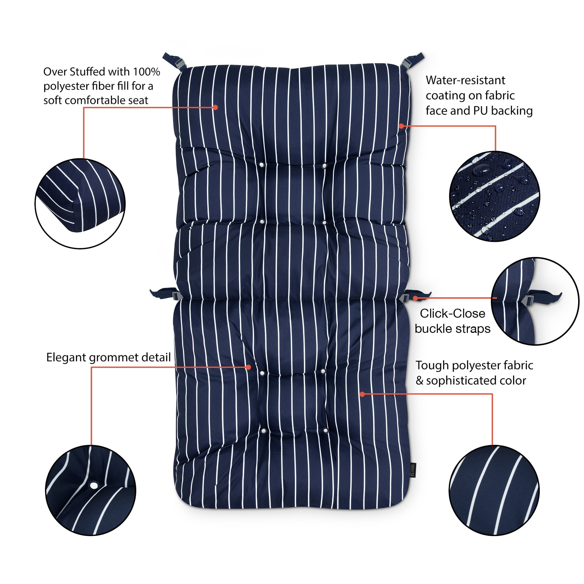 Patio Chair Cushion, Classic Navy, Stripe, 21”W x 19”D (seat) x 22.5”H (back)