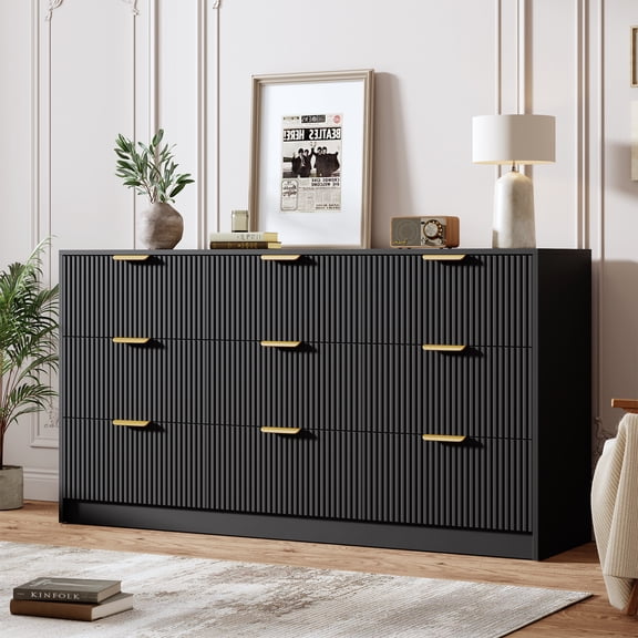 SOLLED 67" Wide 9 Drawers Dresser with Fluted Design, Modern Chest of Drawers with Metal Handles, Storage Organizer for Bedroom, Living Room, Hallway,Black