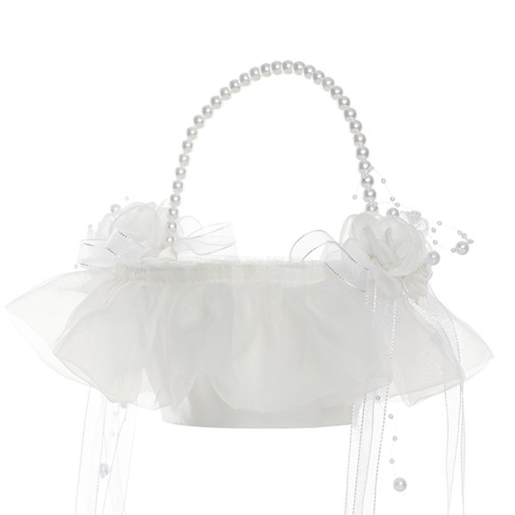 Wedding Flower Basket with Cute Pearl Handle Bowknot Satin Flower Baskets for Wedding Ceremony