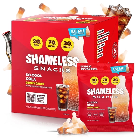 Shameless Snacks So Cool Cola - Cola Bottle Candy, Gummy Candy & Fruit Snacks, Keto Snacks Low Sugar Candy in Bulk, 3g Sugar Gluten Free Vegan for Kids & Adults