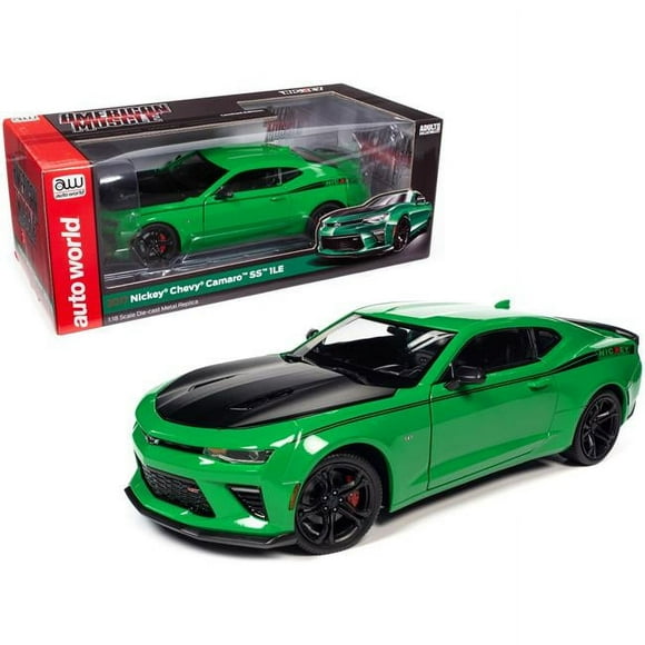 Autoworld AMM1276 1-18 Scale Diecast 2017 Chevrolet Nickey Camaro Stainless Steel 1le Model Car with Hood & Stripe, Krypton Green, Matte Black