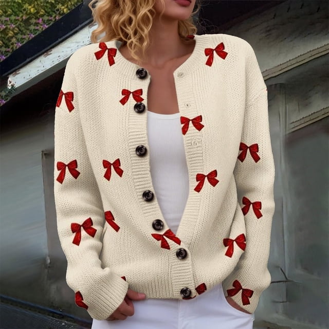 Plus Size Women's Christmas Santa & Tree Embroidered Cardigan Long Sleeve Round Neck Button Down Knit Sweater For Holiday Season