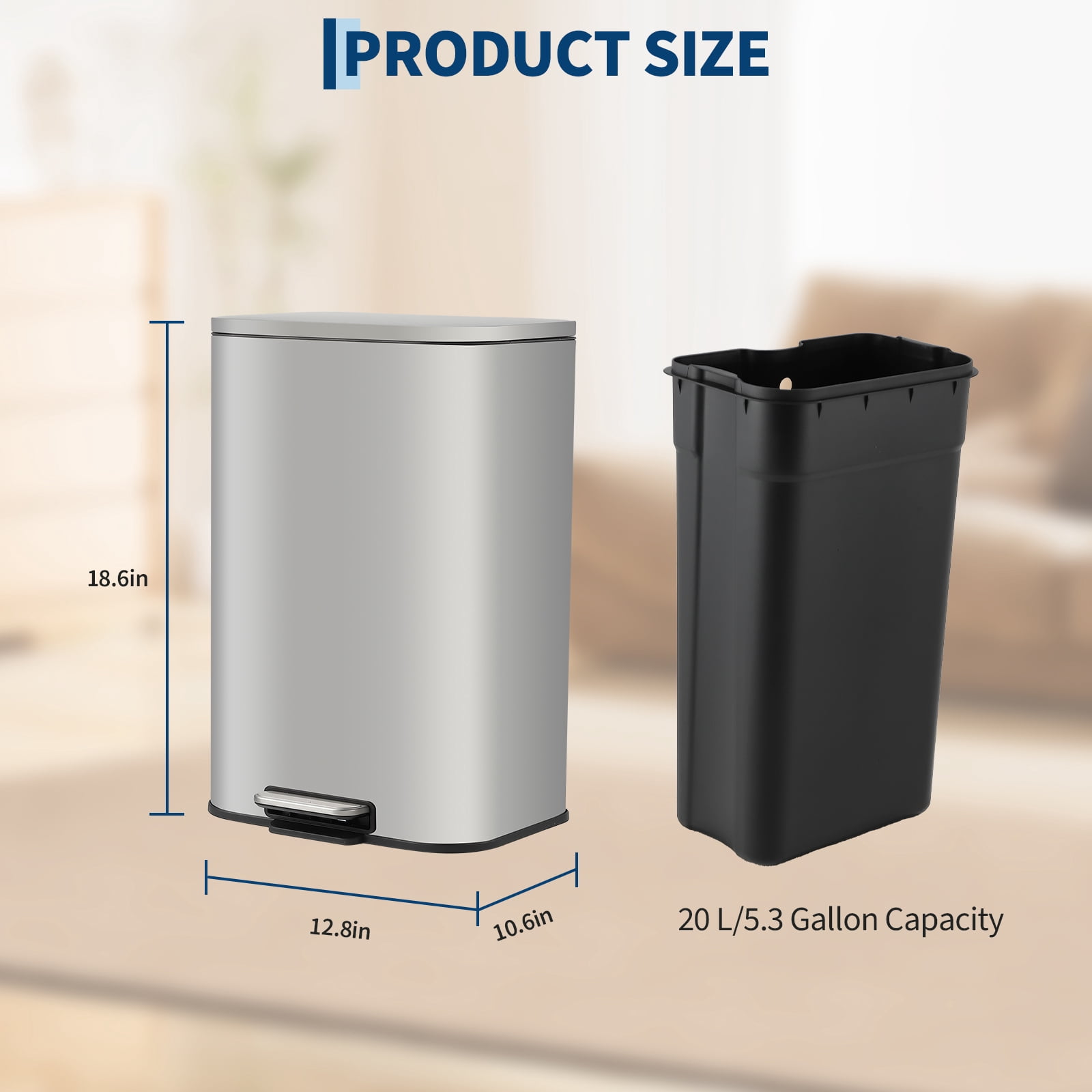 Trash Can for Kitchen, Stainless Steel Garbage Can with Soft-Close Lid, Removable Inner Bucket, Fingerprint-Proof Recycling Bin for Home Office Bedroom