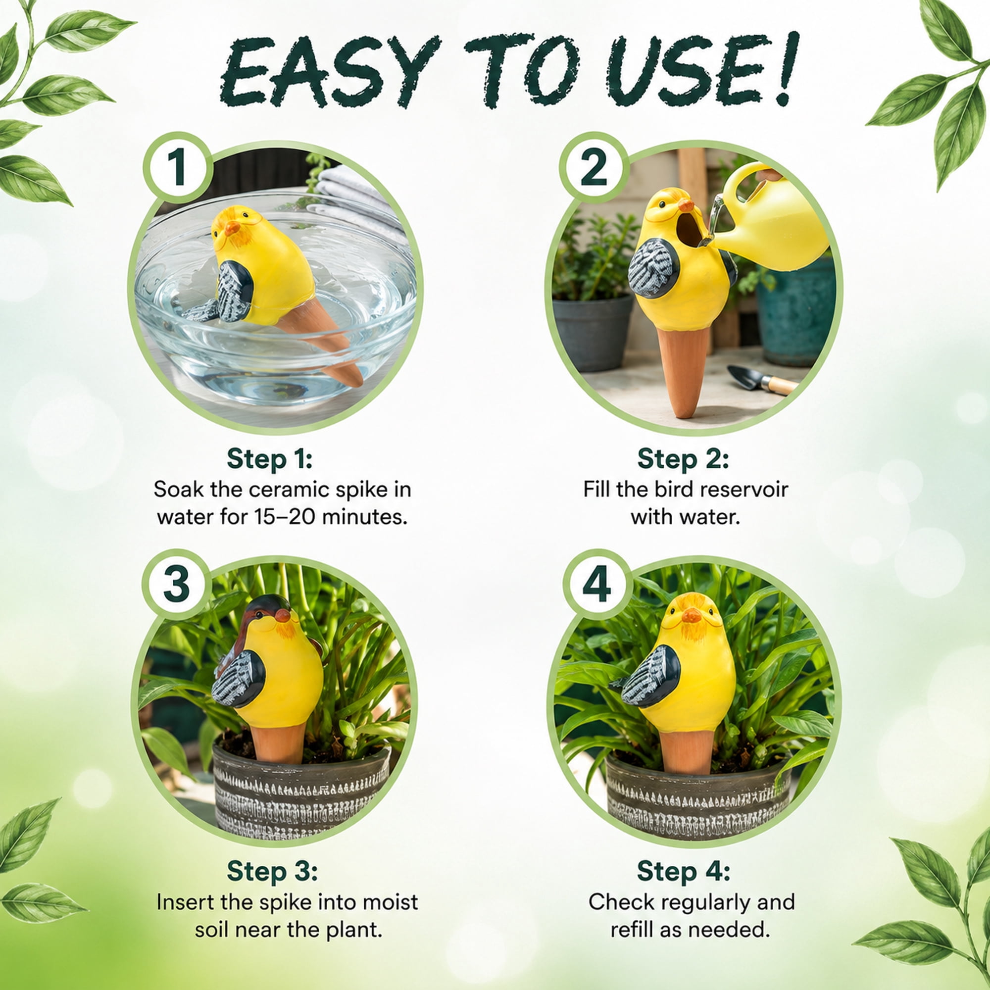 Bird Self-Watering Spikes, Decorative Ceramic Plant Waterers for Indoor and Outdoor Pots, 4-Piece Set