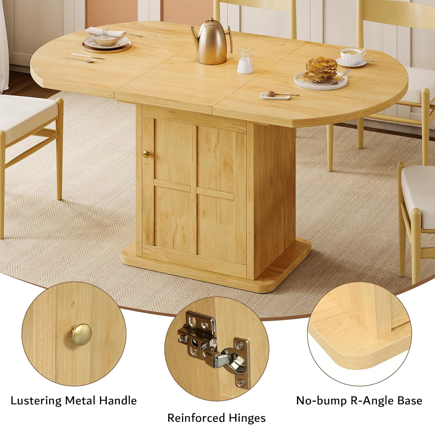 iPormis Extendable Round Dining Table for 4-6, 59'' Modern Kitchen Table with 2-Tier Storage Shelf, Wood Door, MDF Board, Space Saving Oval Dinner with Sturdy Pedestal Base, Kitchen, Dining,Oak