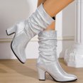 thumbnail image 3 of Pandaie Women's Mid Calf Chunky Heel Short Boots Party Daily Work Fashion Classic PU Slouchy Booties Fall Walking Shoes Silver 9, 3 of 5