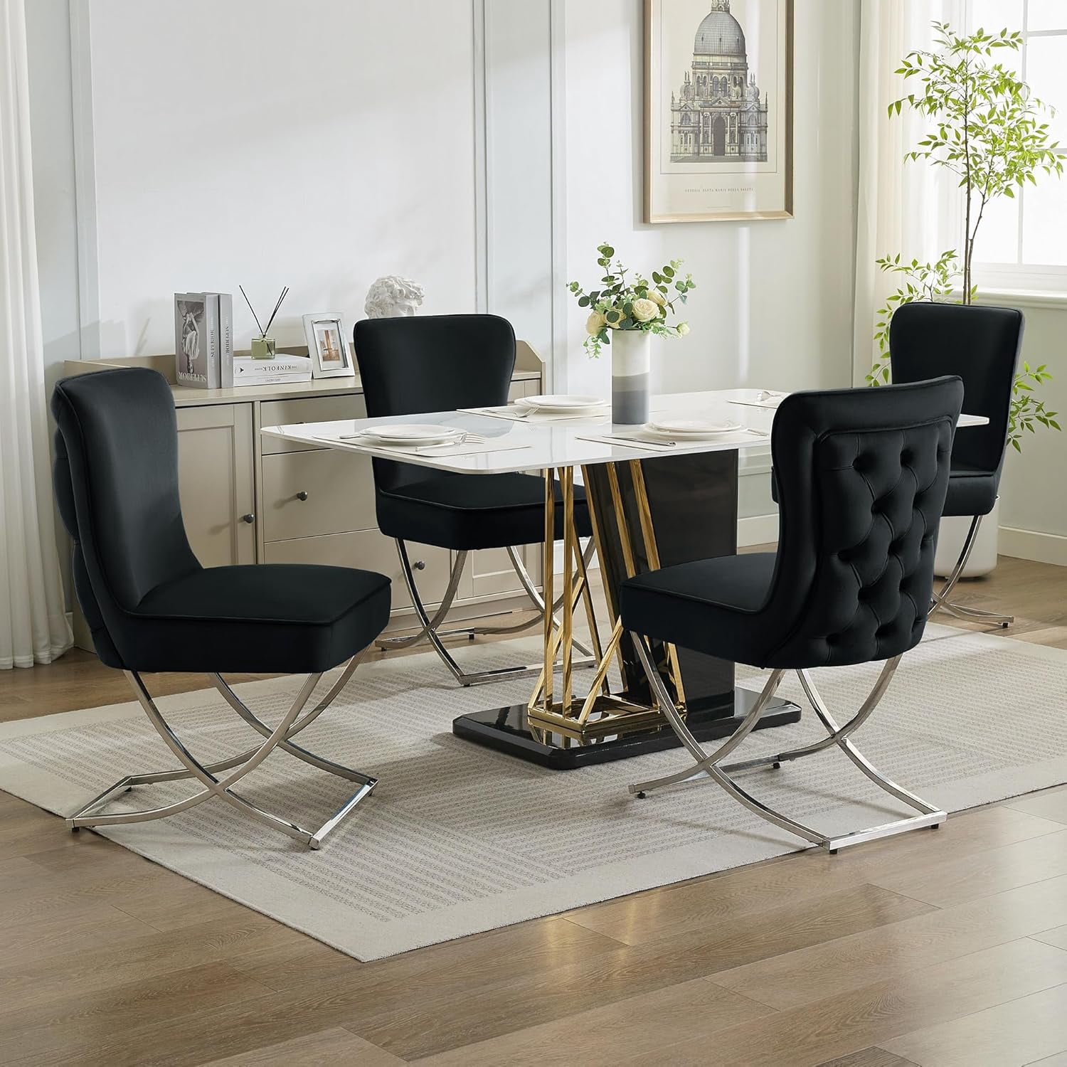 2PCS Luxury Velvet Dining Chairs, Tufted Upholstered Armless Accent Chairs with Silver Metal X-Legs, Modern Glam Dining Chair Kitchen Chairs, Black