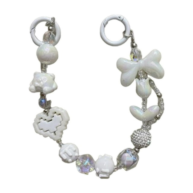Llavero con cuentas, dije de cuentas, decoración para bolso, colgante para mujer, llavero decorativo para coche Blanco