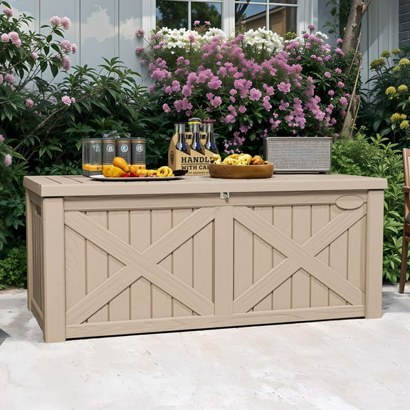 Uforic 120 Gallon Resin Outdoor Storage Box, Waterproof & Lockable , Light Brown