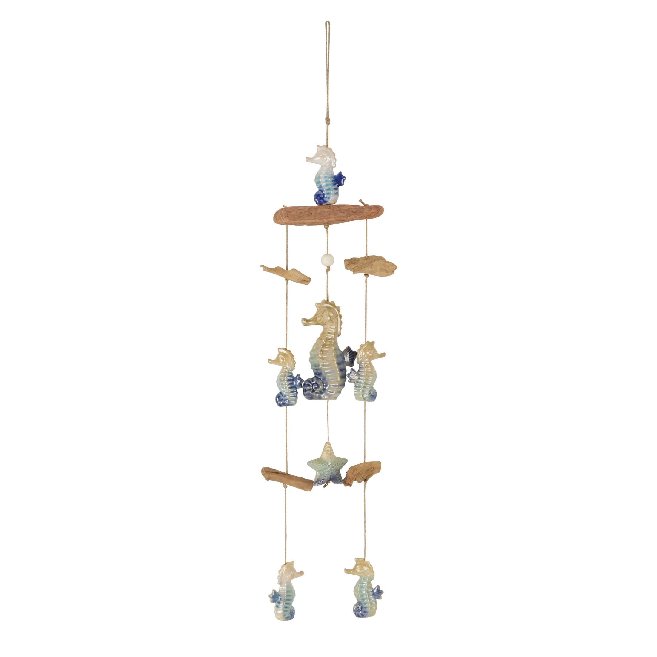 DecMode 41" Blue Ceramic Ombre Starfish Windchime with Driftwood and Hanging Starfish Accents