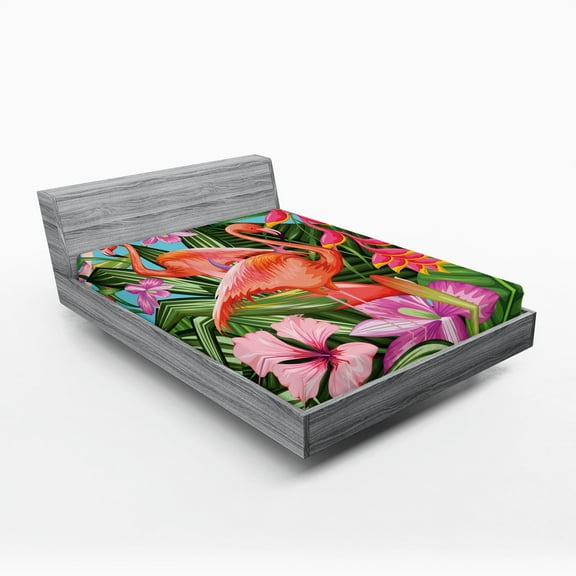 Ambesonne Flamingo Fitted Sheet, Hibiscus Tropic Flower, Full Size, Green Pink Blue