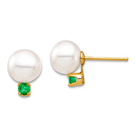 14k Solid Gold 7-7.5mm White Round Freshwater Cultured Pearl Emerald Post Earrings 9.45mm long Stud Earring for Women