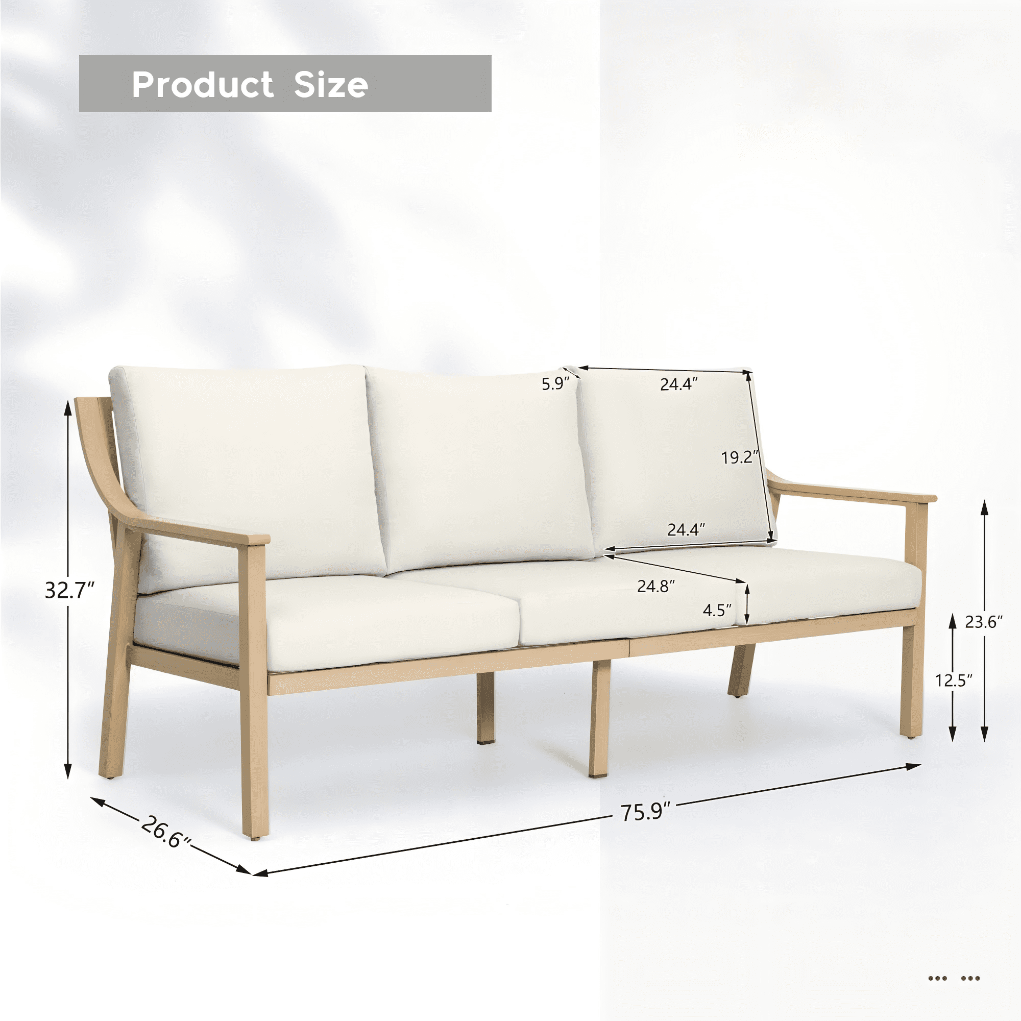 Patio Sofa 3 Seater Outdoor Aluminum Couch with Rope Backrest Thick Cushion All Weather Patio Furniture for Deck Backyard Porch, Beige