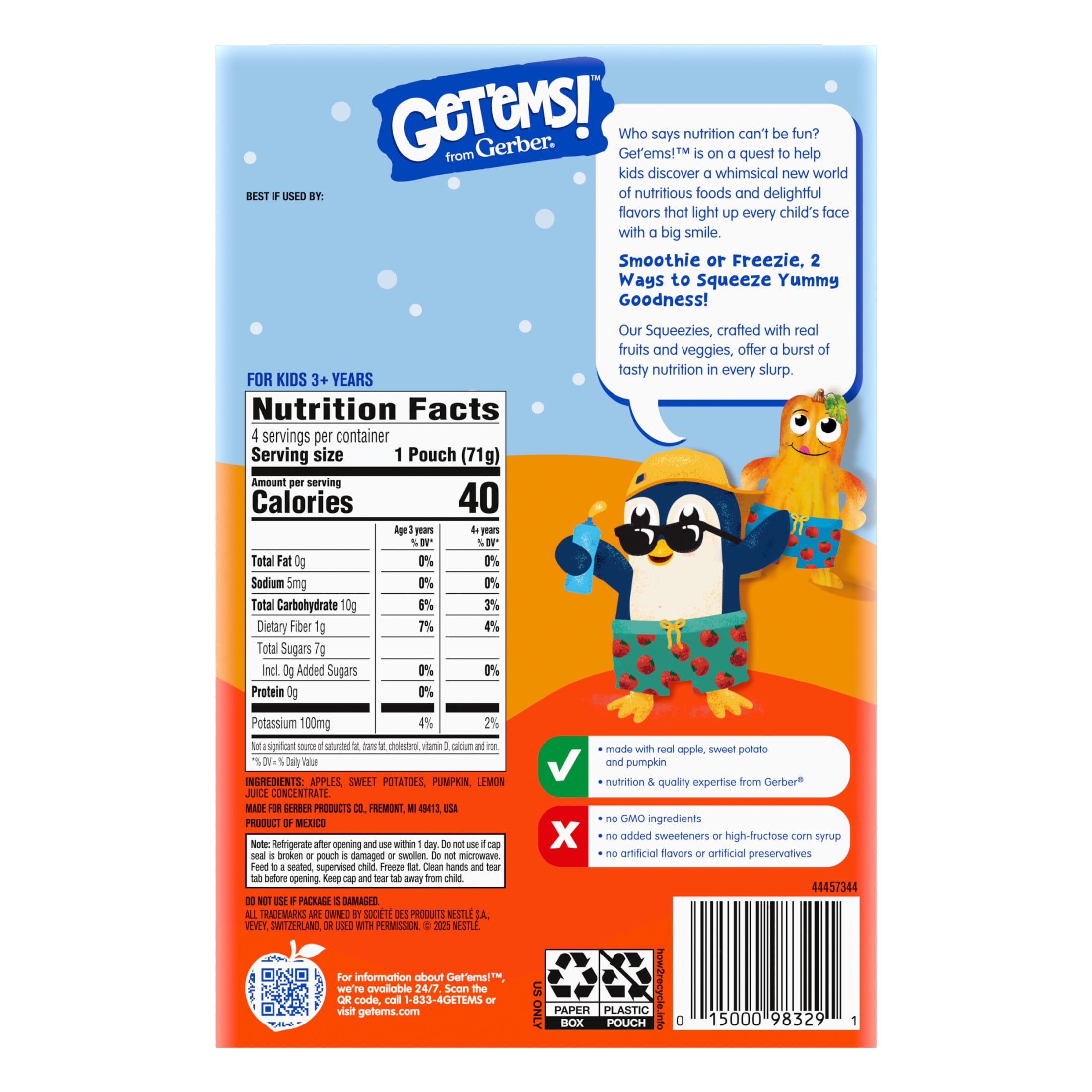 Gerber Get'ems Squeezies, Apple Sweet Potato Smoothie Pouches, Freezable Kids Snack, 2.5 oz Pouch (4 Pack)