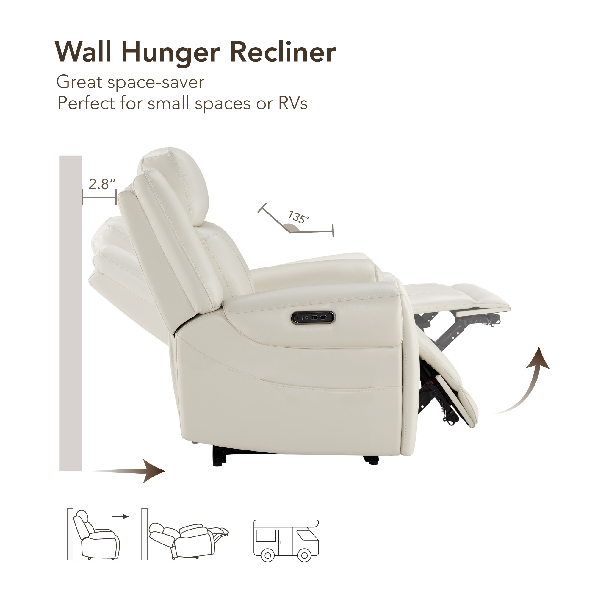 Spruce & Spring Wall Hugger Genuine Leather Power Recliner with Headrest, Cream