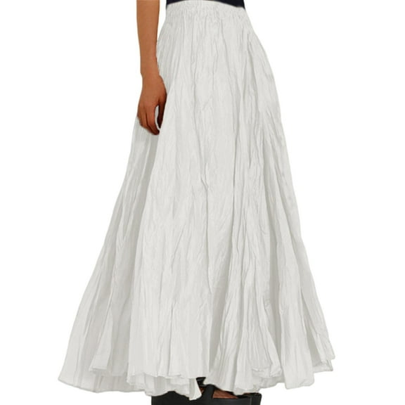 Women Skirt Elastic High Waist Pleated Maxi Skirt Solid Color A-Line Ankle-Length Skirt Large Hem Long Skirt Work Leisure Wear
