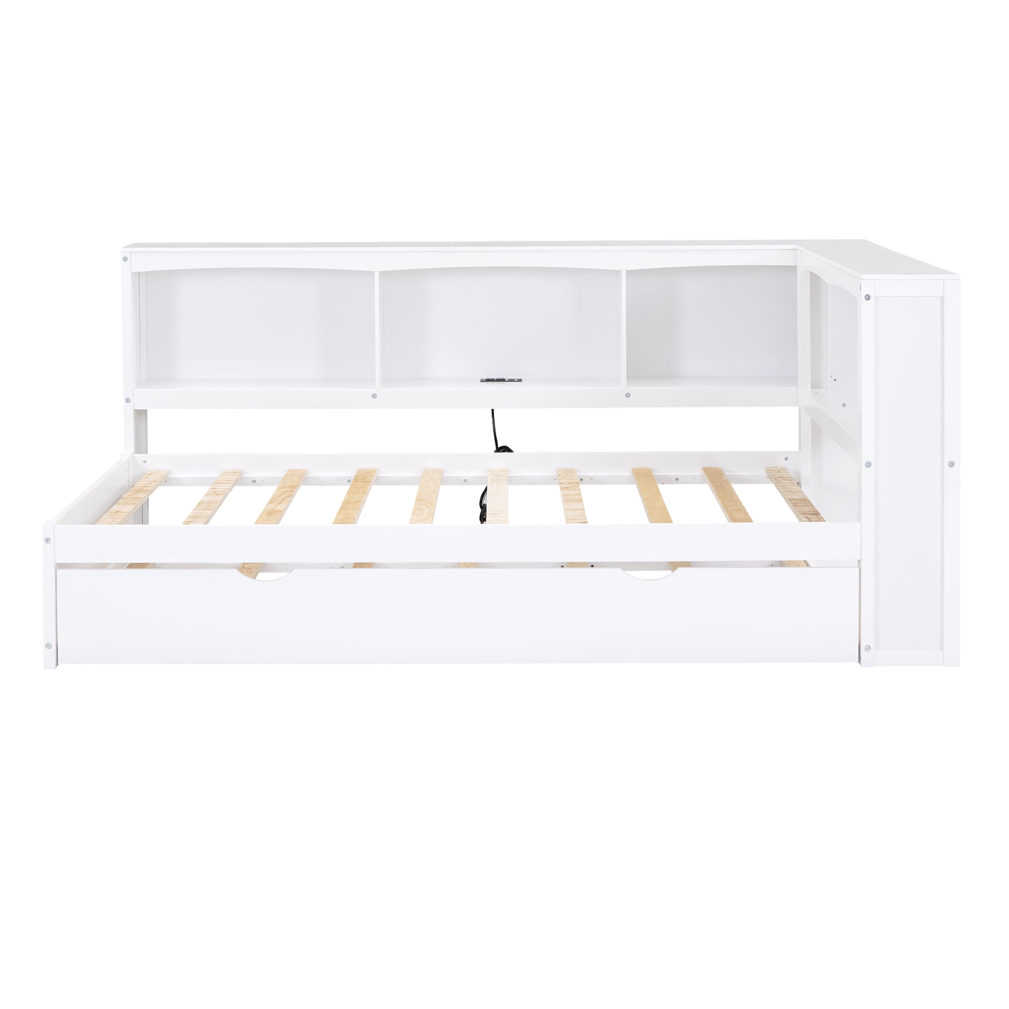 Euroco Wood Twin Daybed with Trundle,Storage Shelves and Charging Station Sofa Bed for Bedroom,White