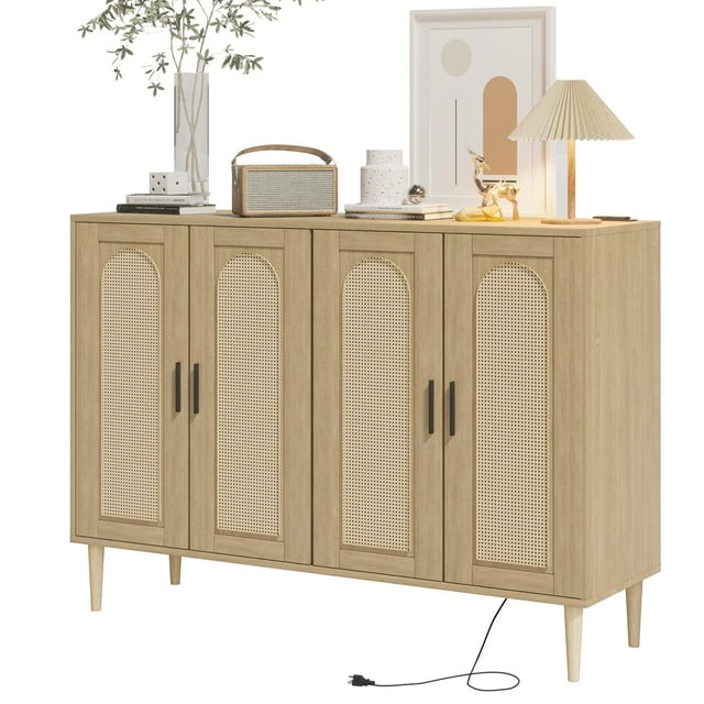BeesClover Rattan Sideboard Buffet Cabinet, 4 Doors Accent Storage Cabinet, Console Table Coffee Bar with Power Outlet, Adjustable Shelves for Kitchen, Dining Room, Hallway, Living Room