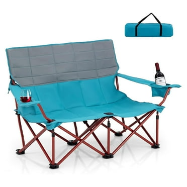 Double Camping Chair for Adults, Outdoor Folding Loveseat Camping Couch Chair with Thick Padding, Cup Holders, Heavy-Duty 2 Person Lawn Chair for Beach Picnic Travel, Blue