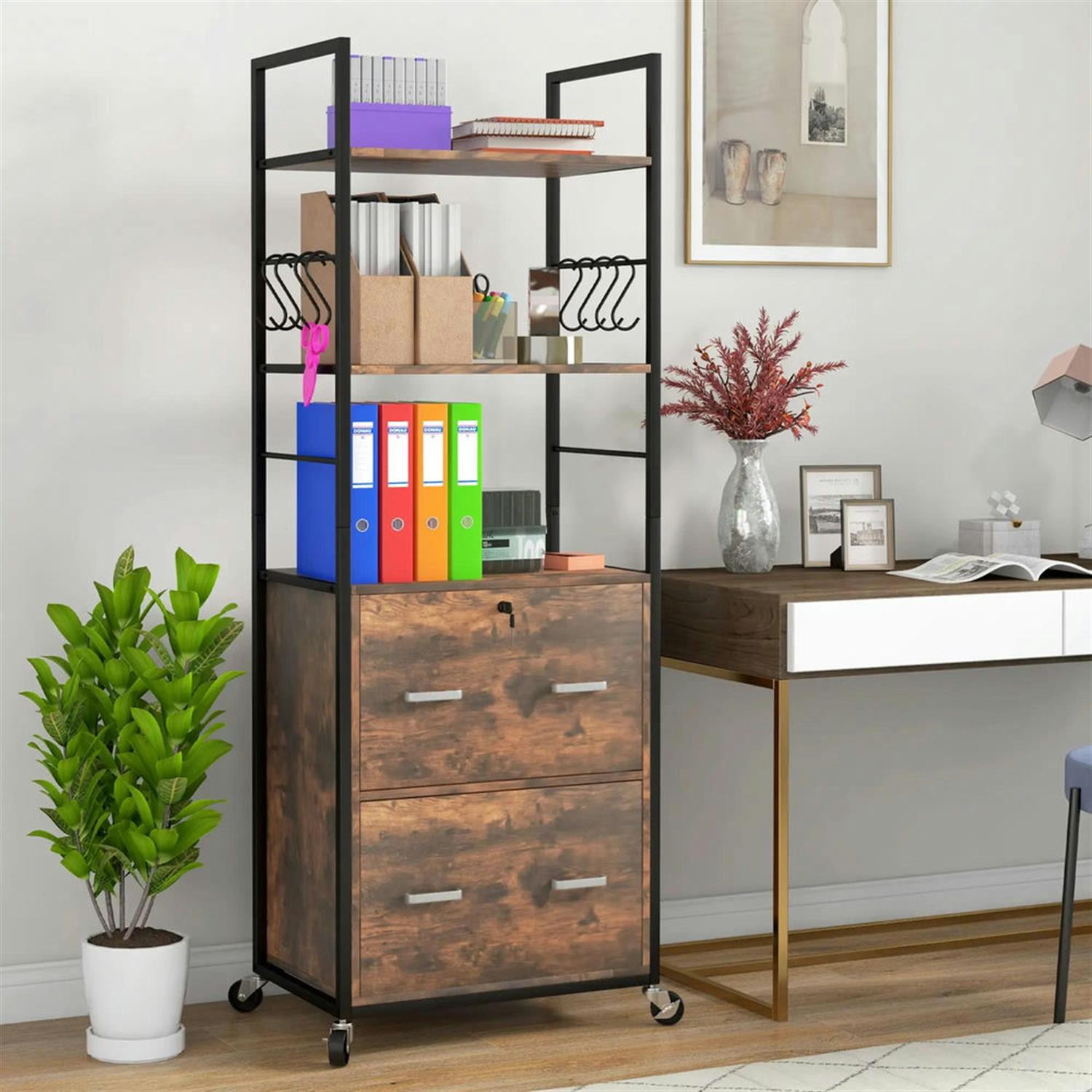 Demi Bonn 2-Drawer File Cabinet, Rolling Filing Cabinet with Key Adjustable Hanging Bar for Home Office, Printer Stand, for A4, Letter-Size Documents, Brown