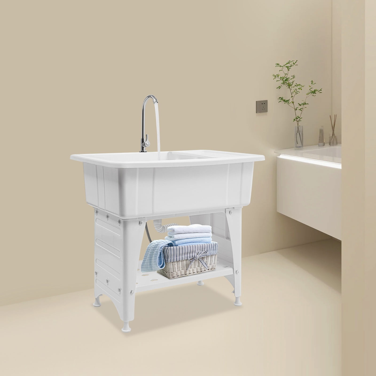 Utility Sink Laundry Tub Freestanding Laundry Sink With Drainboard+Faucet White