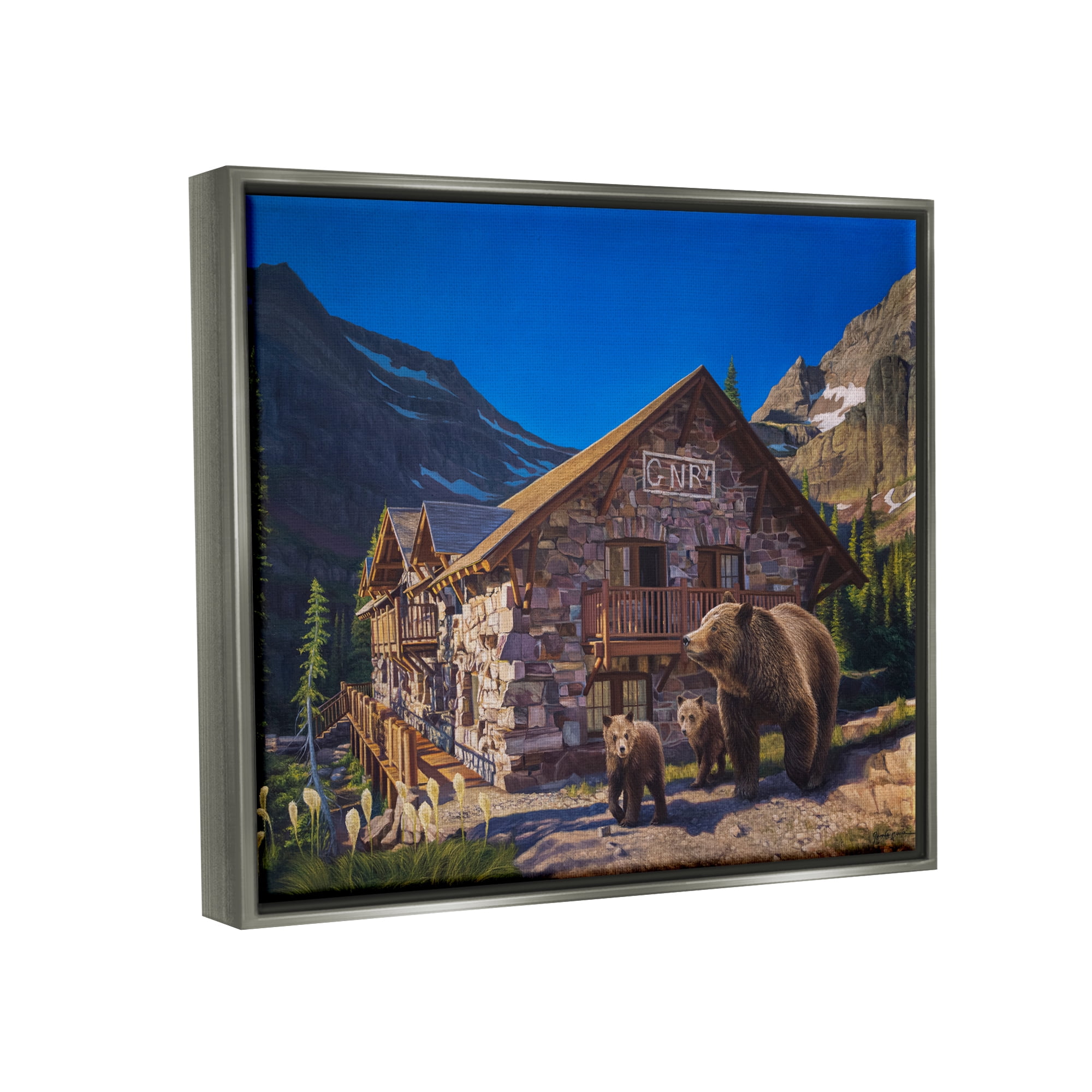 Stupell Industries Bears & Lodge Scenery Landscape Painting Gray Floater Framed Canvas Art Print Wall Art, 31 x 25