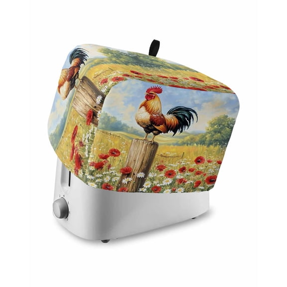 Fsddascl Spring Floral Rooster Toaster Cover 4 Slice, Large Kitchen Appliance Covers, Retro Rooster Farmhouse Toaster Oven Cover with Loop, Bread Machine Cover Polyester Dust Cover Protection